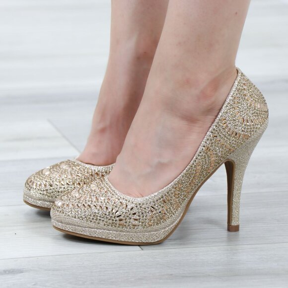 Sparkly Gold Rhinestone Glitter Diamond Platform Slip On Close Toe High Heel - Picture 5 of 15